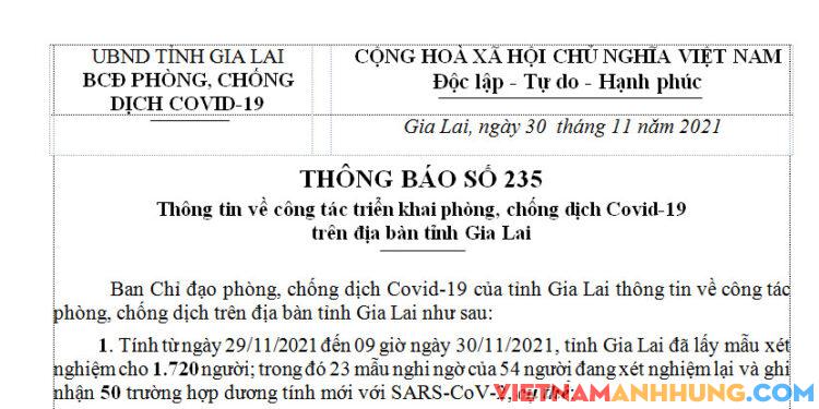 Thông báo 235: Sáng ngày 30/11/202, Gia Lai ghi nhận thêm 50 trường hợp dương tính với Sars-CoV-2
