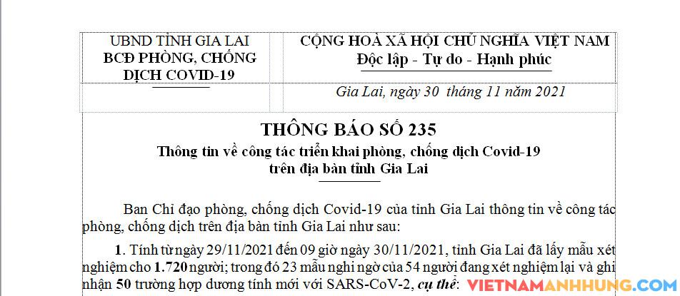 Thông báo 235: Sáng ngày 30/11/202, Gia Lai ghi nhận thêm 50 trường hợp dương tính với Sars-CoV-2