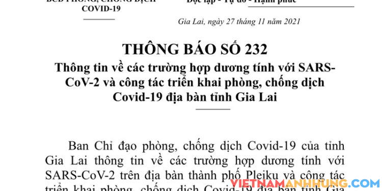 Thông báo 232: Thông tin nhanh về các ca dương tính với Sars-CoV-2 trên địa bàn tỉnh Gia Lai chiều 27/11/2021