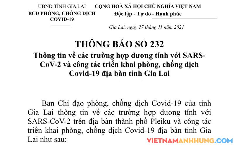 Thông báo 232: Thông tin nhanh về các ca dương tính với Sars-CoV-2 trên địa bàn tỉnh Gia Lai chiều 27/11/2021