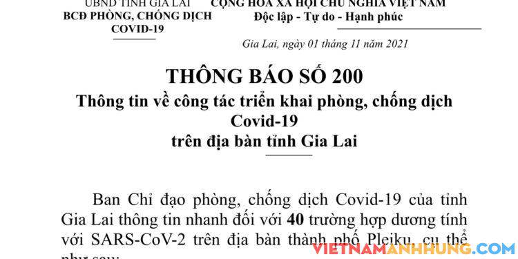 Thông báo 200: Tối ngày 01/11/2021 Gia Lai ghi nhận thêm 40 trường hợp dương tính với Sars-CoV-2