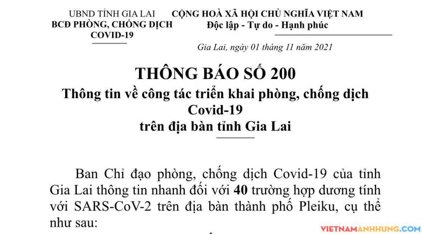 Thông báo 200: Tối ngày 01/11/2021 Gia Lai ghi nhận thêm 40 trường hợp dương tính với Sars-CoV-2