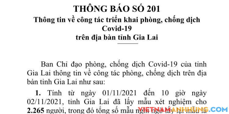 Thông báo 201: Gia Lai ghi nhận thêm 44 trường hợp dương tính với Sars-CoV-2 và 02 trường hợp tái dương tính