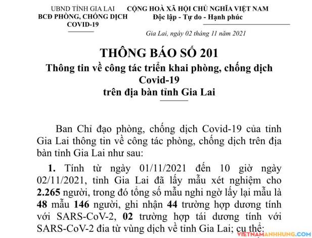 Thông báo 201: Gia Lai ghi nhận thêm 44 trường hợp dương tính với Sars-CoV-2 và 02 trường hợp tái dương tính