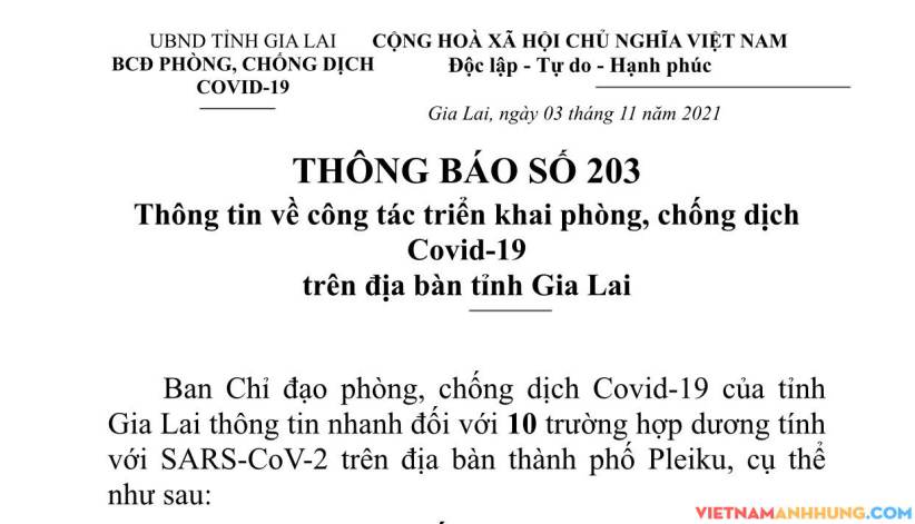 Thông báo 203: Thông tin nhanh về 10 ca dương tính trên địa bàn thành phố Pleiku vào chiều 03/11/2021