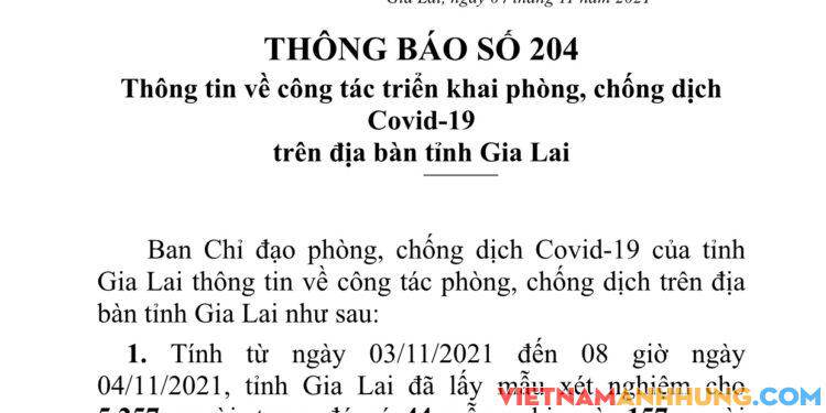 Thông báo 204: Sáng 04/11/2021 Gia Lai ghi nhận thêm 61 trường hợp dương tính với Sars-CoV-2