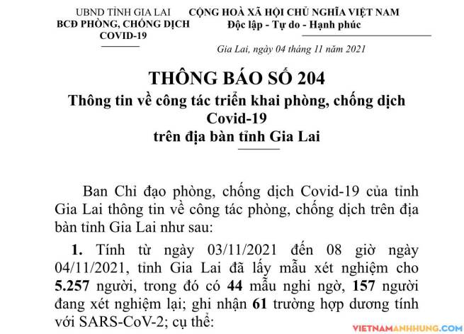 Thông báo 204: Sáng 04/11/2021 Gia Lai ghi nhận thêm 61 trường hợp dương tính với Sars-CoV-2