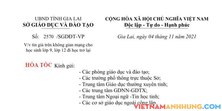 Công văn hoả tốc của Sở GD&ĐT Gia Lai thông báo về việc thông tin giả mạo cho học sinh lớp 9, lớp 12 đi học trở lại