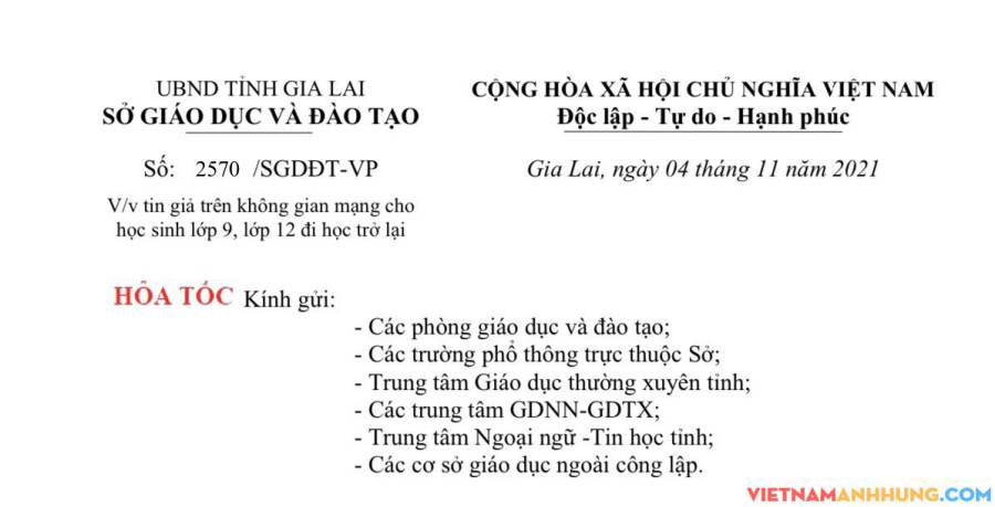 Công văn hoả tốc của Sở GD&ĐT Gia Lai thông báo về việc thông tin giả mạo cho học sinh lớp 9, lớp 12 đi học trở lại