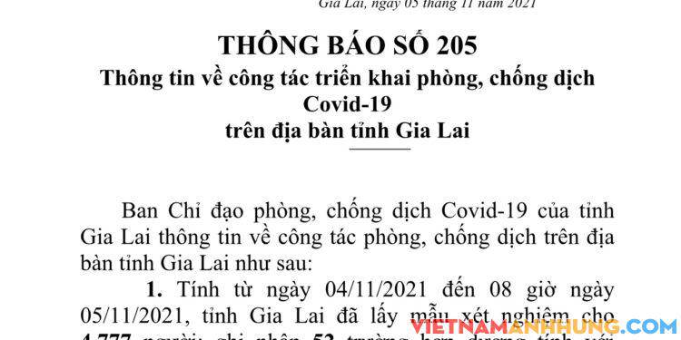 Thông báo số 205: Sáng ngày 05/11/2021, Gia Lai ghi nhận thêm 52 trường hợp dương tính với SARS-CoV-2 và 02 trường hợp tái dương tính