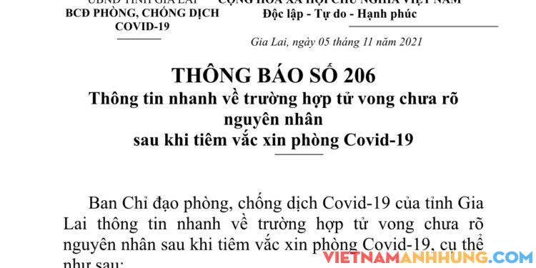 Thông báo số 206: Thông tin nhanh về trường hợp tử vong chưa rõ nguyên nhân sau khi tiêm vaccine Covid-19