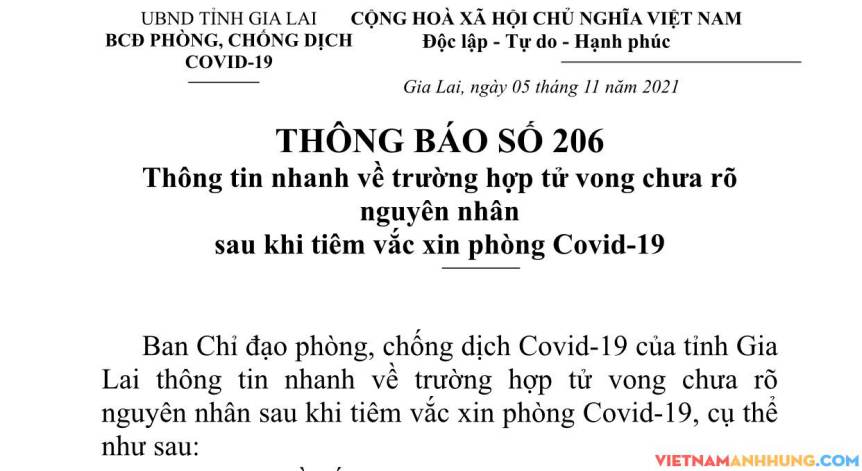 Thông báo số 206: Thông tin nhanh về trường hợp tử vong chưa rõ nguyên nhân sau khi tiêm vaccine Covid-19