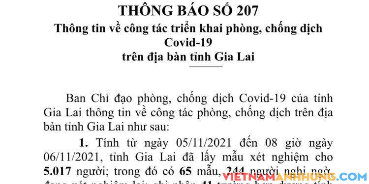 Thông báo 207: Sáng 06/11/2021 Gia Lai ghi nhận thêm 41 trường hợp dương tính mới với Sars-CoV-2 và 01 trường hợp tái dương tính