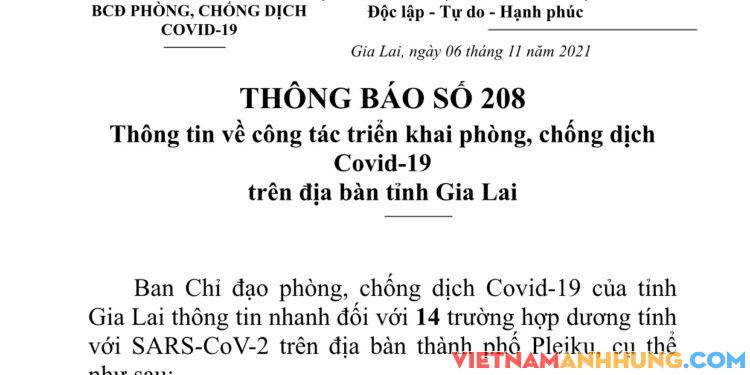 Thông báo số 208: Thông tin nhanh về 14 trường hợp dương tính với Sars-CoV-2 trên địa bàn thành phố Pleiku