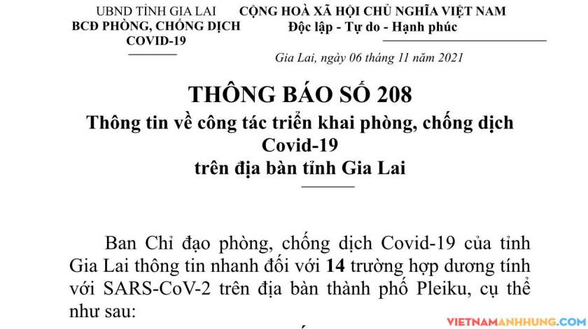Thông báo số 208: Thông tin nhanh về 14 trường hợp dương tính với Sars-CoV-2 trên địa bàn thành phố Pleiku