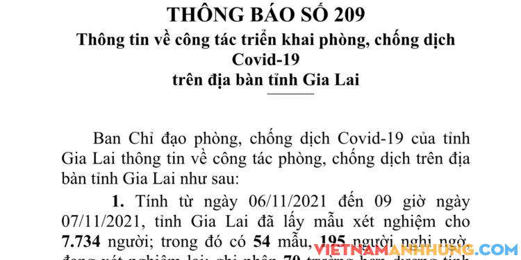 Thông báo 209: Sáng 07/11/2021 Gia Lai ghi nhận thêm 70 trường hợp dương tính với Sars-CoV-2 và 03 trường hợp tái dương tính với Sars-CoV-2