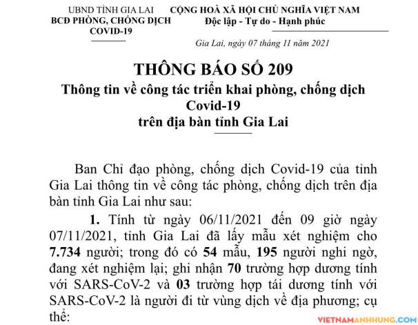 Thông báo 209: Sáng 07/11/2021 Gia Lai ghi nhận thêm 70 trường hợp dương tính với Sars-CoV-2 và 03 trường hợp tái dương tính với Sars-CoV-2