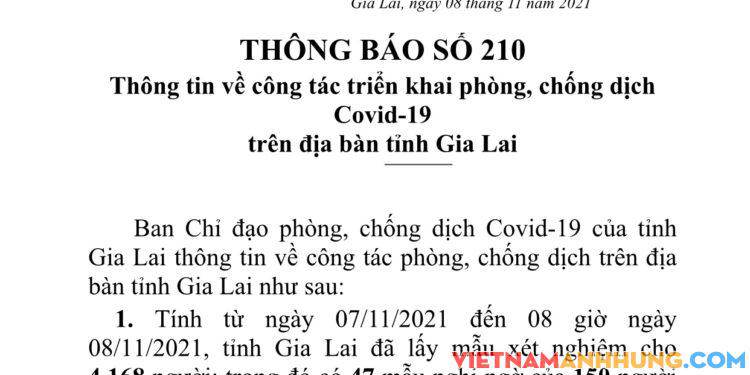 Thông báo 210: Sáng 08/11/2021 Gia Lai ghi nhận 32 trường hợp dương tính với Sars-CoV-2