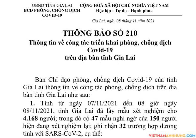 Thông báo 210: Sáng 08/11/2021 Gia Lai ghi nhận 32 trường hợp dương tính với Sars-CoV-2