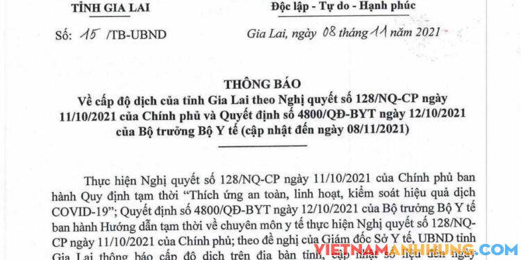 Thông báo về cấp độ dịch của tỉnh Gia Lai (cập nhật đến ngày 08/11/2021)