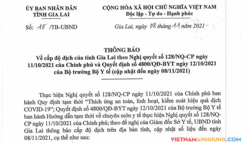 Thông báo về cấp độ dịch của tỉnh Gia Lai (cập nhật đến ngày 08/11/2021)