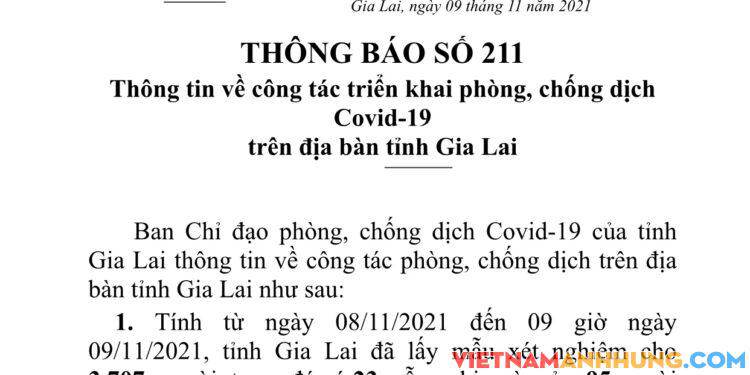 Thông báo 211: Ngày 09/11/2021 Gia Lai ghi nhận 27 trường hợp dương tính với Sars-CoV-2