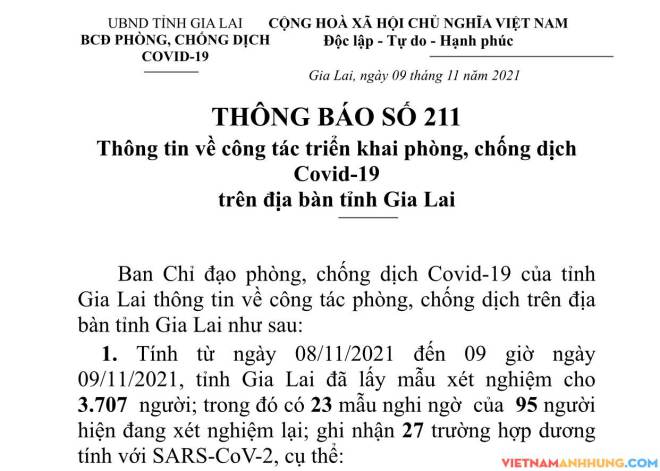 Thông báo 211: Ngày 09/11/2021 Gia Lai ghi nhận 27 trường hợp dương tính với Sars-CoV-2