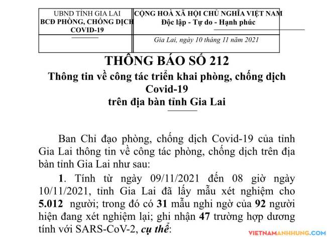 Thông báo 212: Cập nhật tình hình sáng 10/11/2021 Gia Lai ghi nhận thêm 47 trường hợp dương tính mới với Sars-CoV-2