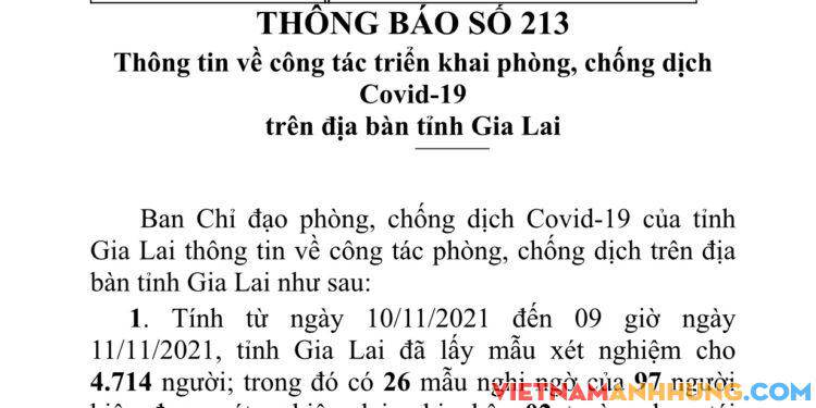 Thông báo 213: Sáng ngày 11/11/2021 Gia Lai ghi nhận thêm 34 trường hợp dương tính mới với Sars-CoV-2 và 02 trường hợp tái dương tính đi từ vùng dịch về