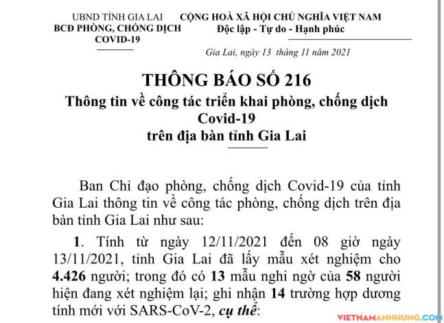 Thông báo 216: Sáng 13/11/2021 ghi nhận thêm 14 ca dương tính với Sars-COV-2