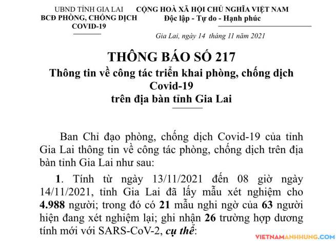 Thông báo 217: Sáng 14/11/2021 Gia Lai ghi nhận thêm 26 trường hợp Sars-CoV-2