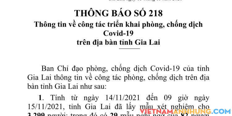 Thông báo 218: Sáng 15/11/2021 Gia Lai ghi nhận thêm 40 trường hợp dương tính với Sars-CoV-2