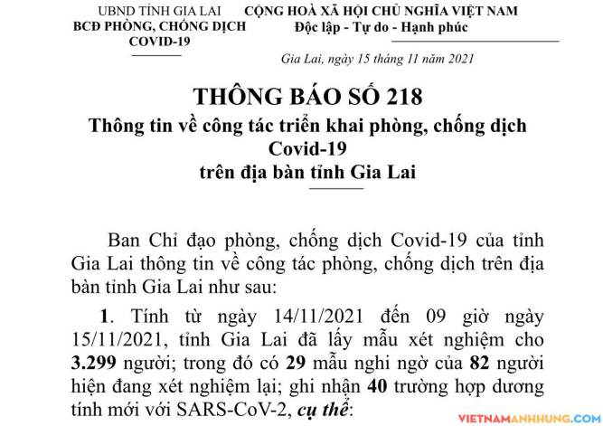 Thông báo 218: Sáng 15/11/2021 Gia Lai ghi nhận thêm 40 trường hợp dương tính với Sars-CoV-2