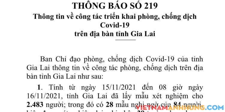 Thông báo 219: Sáng 16/11/2021 Gia Lai ghi nhận 39 trường hợp dương tính mới với Sars-CoV-2 và 01 trường hợp tái dương tính với Sars-CoV-2