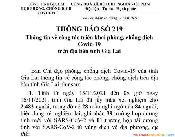 Thông báo 219: Sáng 16/11/2021 Gia Lai ghi nhận 39 trường hợp dương tính mới với Sars-CoV-2 và 01 trường hợp tái dương tính với Sars-CoV-2