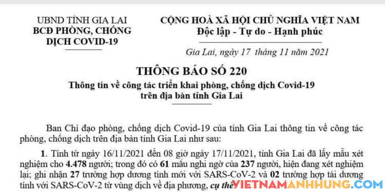 THÔNG BÁO SỐ 220:Sáng ngày 17/11/2021 Gia Lai ghi nhận thêm 27 trường hợp dương tính mới với Sars-CoV-2 và 02 trường hợp tái dương tính với Sars-CoV-2