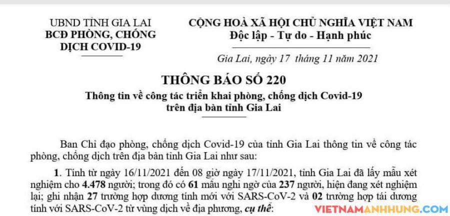 THÔNG BÁO SỐ 220:Sáng ngày 17/11/2021 Gia Lai ghi nhận thêm 27 trường hợp dương tính mới với Sars-CoV-2 và 02 trường hợp tái dương tính với Sars-CoV-2