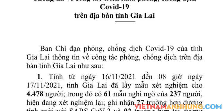 THÔNG BÁO SỐ 220: Sáng ngày 17/11/2021 Gia Lai ghi nhận thêm 27 trường hợp dương tính mới với Sars-CoV-2 và 02 trường hợp tái dương tính với Sars-CoV-2