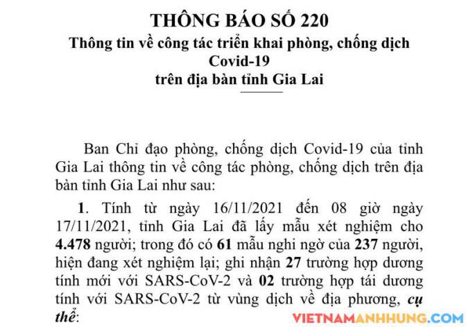THÔNG BÁO SỐ 220: Sáng ngày 17/11/2021 Gia Lai ghi nhận thêm 27 trường hợp dương tính mới với Sars-CoV-2 và 02 trường hợp tái dương tính với Sars-CoV-2