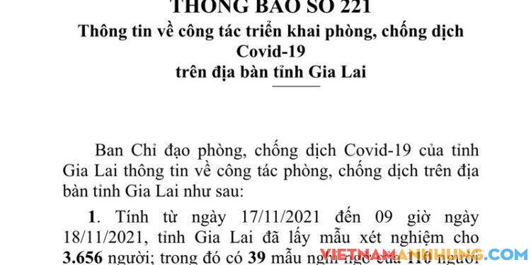 Thông báo 221: Sáng 18/11/2021 Gia Lai ghi nhận 45 trường hợp dương tính với Sars-CoV-2 và 01 trường hợp tái dương tính với Sars-CoV-2