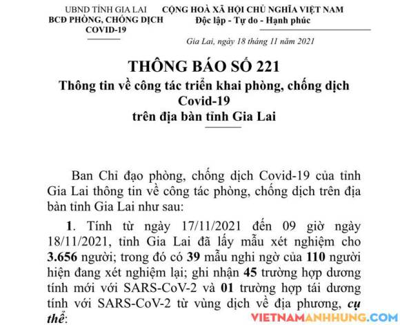Thông báo 221: Sáng 18/11/2021 Gia Lai ghi nhận 45 trường hợp dương tính với Sars-CoV-2 và 01 trường hợp tái dương tính với Sars-CoV-2