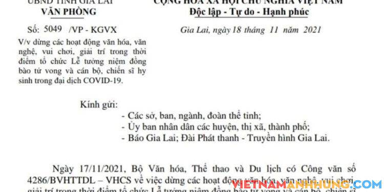 Tạm dừng một số hoạt động từ 20 giờ 00 phút đến 20 giờ 45 phút để tổ chức Lễ tưởng niệm  đồng bào tử vong và cán bộ, chiến sĩ hy sinh vì Covid-19
