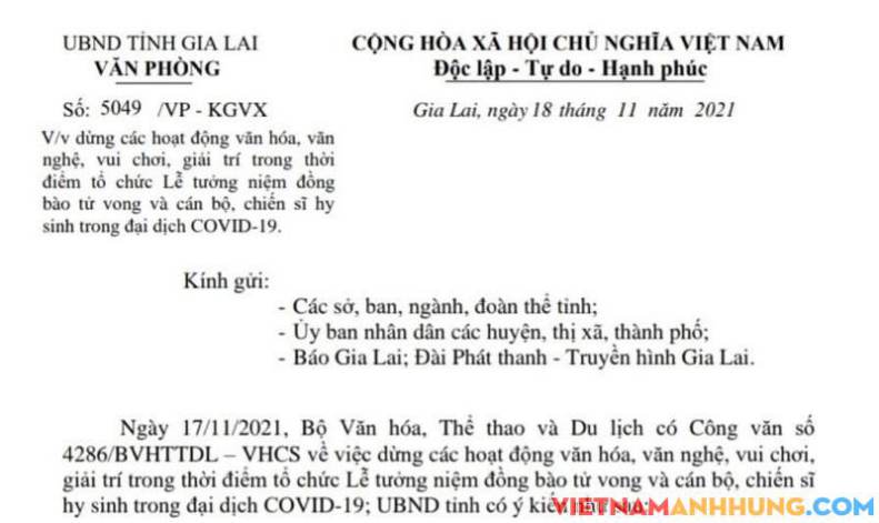 Tạm dừng một số hoạt động từ 20 giờ 00 phút đến 20 giờ 45 phút để tổ chức Lễ tưởng niệm đồng bào tử vong và cán bộ, chiến sĩ hy sinh vì Covid-19