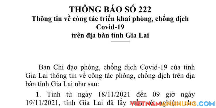 Thông báo 222: Ngày 19/11/2021 Gia Lai ghi nhận thêm 112 trường hợp dương tính mới với Sars-CoV-2 và 02 trường hợp tái dương tính đi từ vùng dịch về