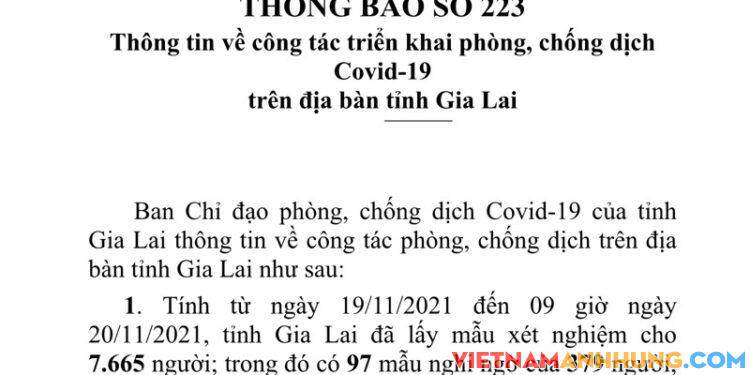 Thông báo 223: Sáng 20/11/2021 Gia Lai ghi nhận thêm 86 trường hợp dương tính với Sars-CoV-2 và 01 trường hợp tái dương tính với Sars-CoV-2