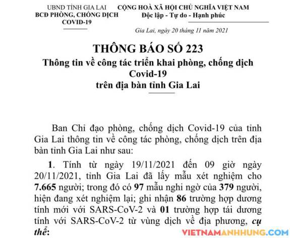 Thông báo 223: Sáng 20/11/2021 Gia Lai ghi nhận thêm 86 trường hợp dương tính với Sars-CoV-2 và 01 trường hợp tái dương tính với Sars-CoV-2