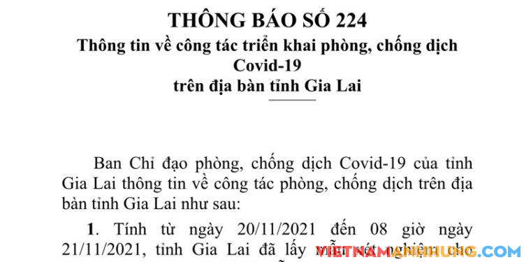 Thông báo 224: Sáng ngày 21/11/2021 Gia Lai ghi nhận thêm 92 trường hợp dương tính với Sars-CoV-2