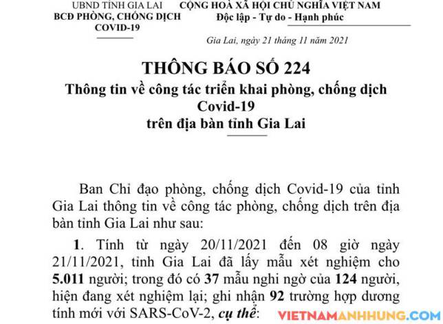 Thông báo 224: Sáng ngày 21/11/2021 Gia Lai ghi nhận thêm 92 trường hợp dương tính với Sars-CoV-2