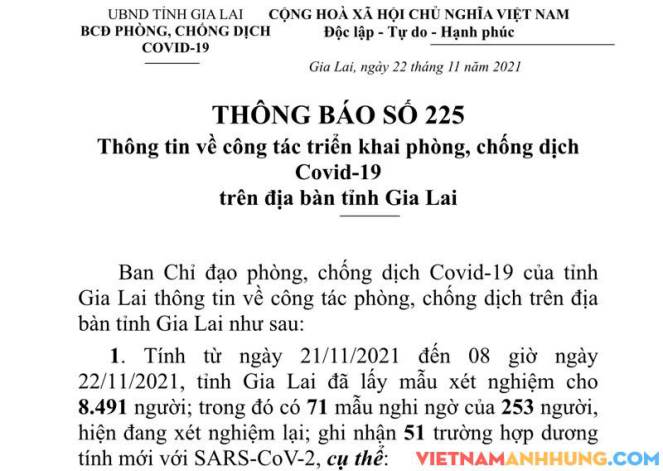 Thông báo 225: Sáng ngày 22/11/2021 Gia Lai ghi nhận 51 trường hợp dương tính mới với Sars-CoV-2