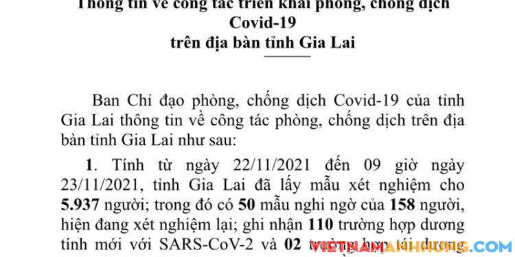 Thông báo 226: Sáng ngày 23/11/2021 Gia Lai ghi nhận 110 trường hợp dương tính với Sars-CoV-2 và 02 trường hợp tái dương tính với Sars-CoV-2